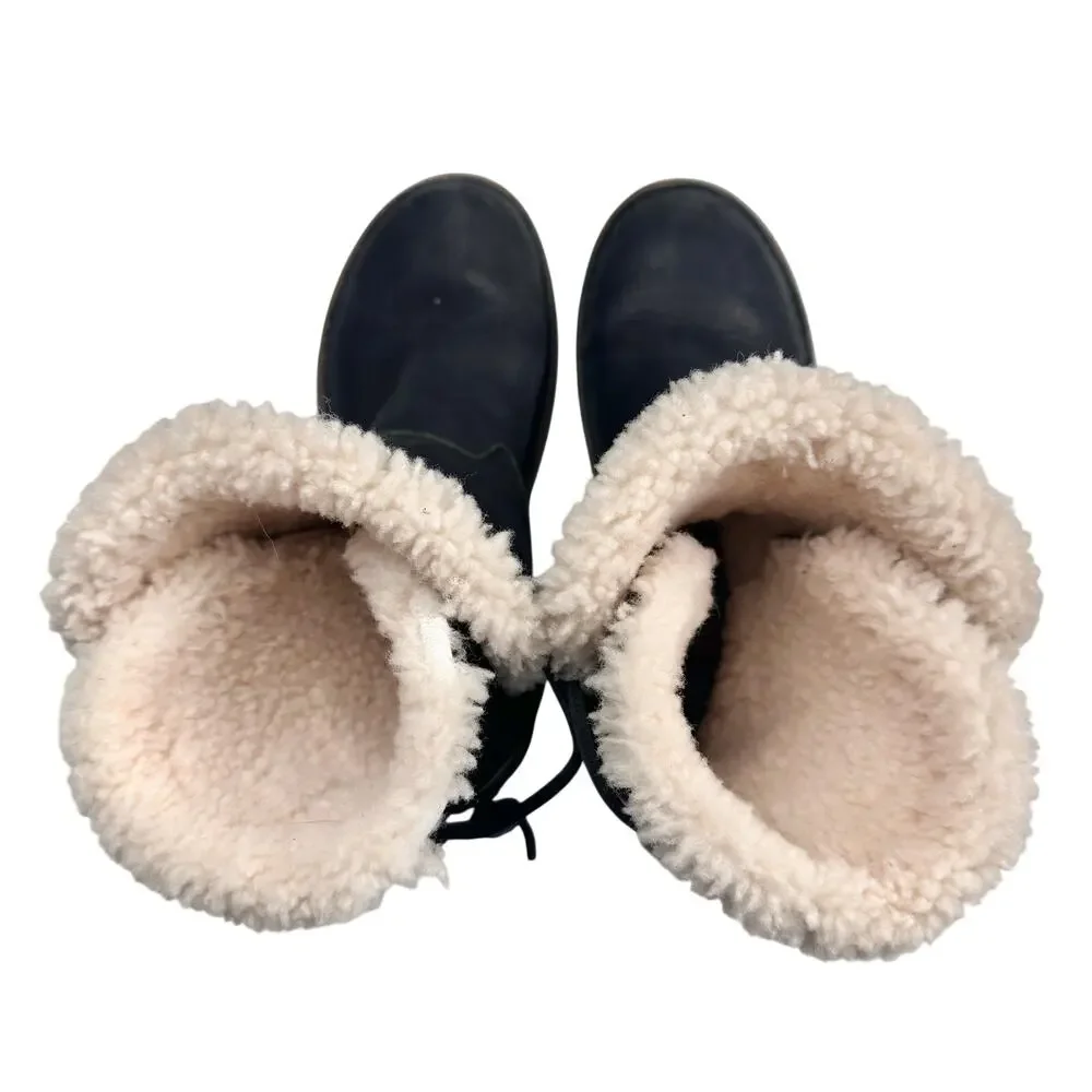Ugg | Women | Akadia Black Leather Sheepskin Fur Pull On Fall Boots | Size US 7